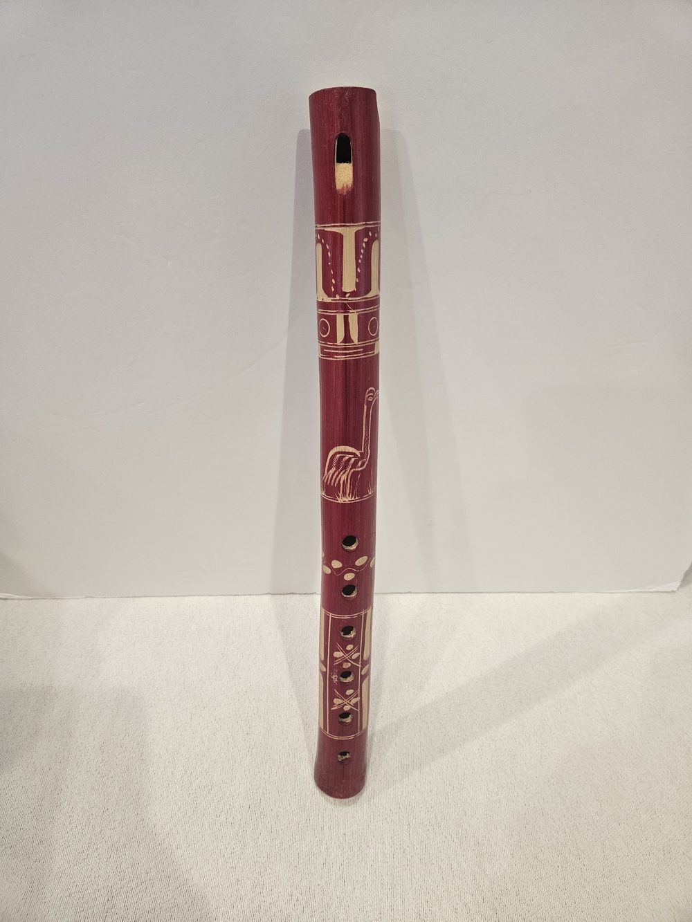 Handcrafted Wooden Bamboo Flute in Deep Red with Carved Accents Pervian Andean